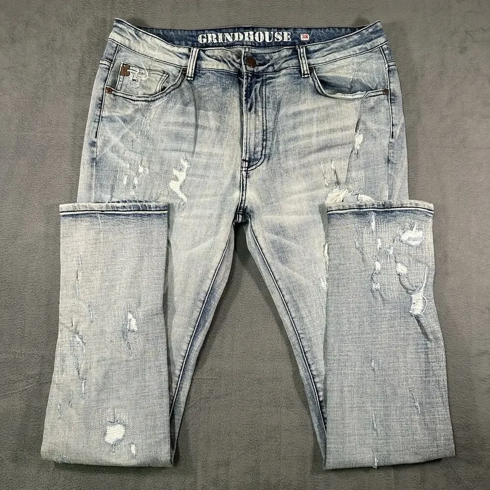 Grindhouse Denim Jeans Light Wash Men’s 38x33 Distressed Slim Fit Streetwear